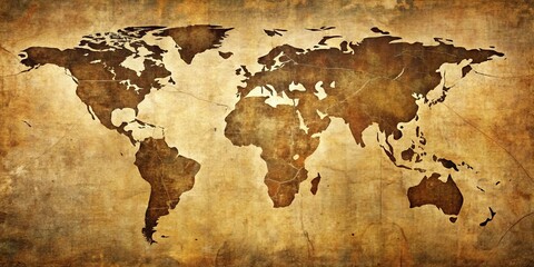 A Timeless World Map Depicted on Aged Parchment Paper with Intricate Details of Continents and Islands