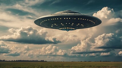 Fototapeta premium UFO, alien saucer hovering above the field in the clouds, hovering motionless in the sky