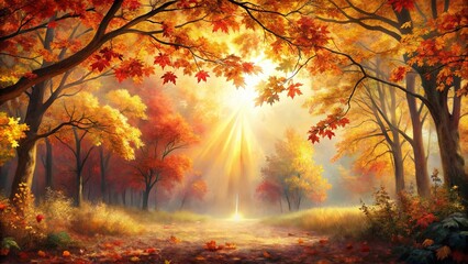 Golden Sunbeams Filtering Through Autumnal Foliage, Illuminating a Path Through a Mystical Woodland