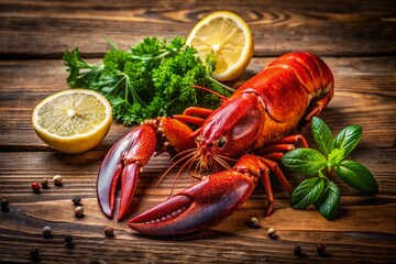 Fresh Lobster Claw on a Rustic Wooden Table with Juicy Lemon Slices and Fresh Herbs, Perfect for Seafood Dishes and Culinary Presentation, Ideal for Food Photography and Cookbooks