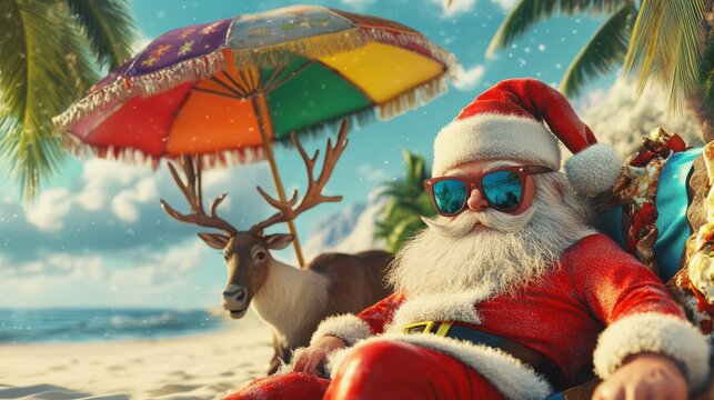 Santa Claus in sunglasses with a reindeer on a tropical beach under a colorful umbrella. This image captures a fun tropical Christmas celebration with Santa relaxing on vacation