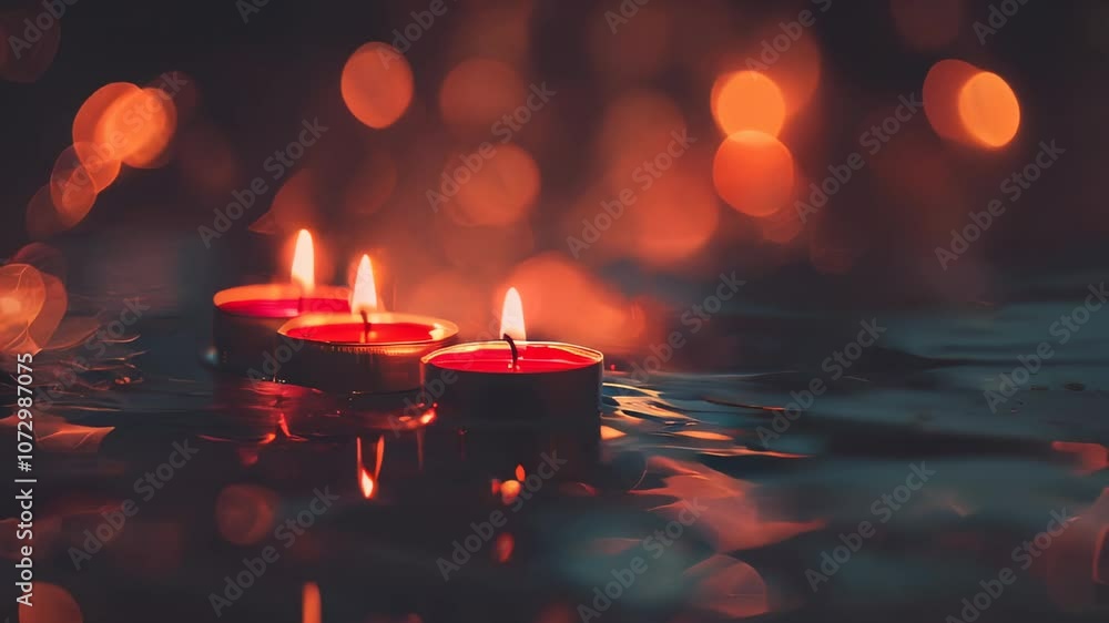 Poster three floating candles illuminate the scene with soft, warm light, surrounded by golden bokeh reflec