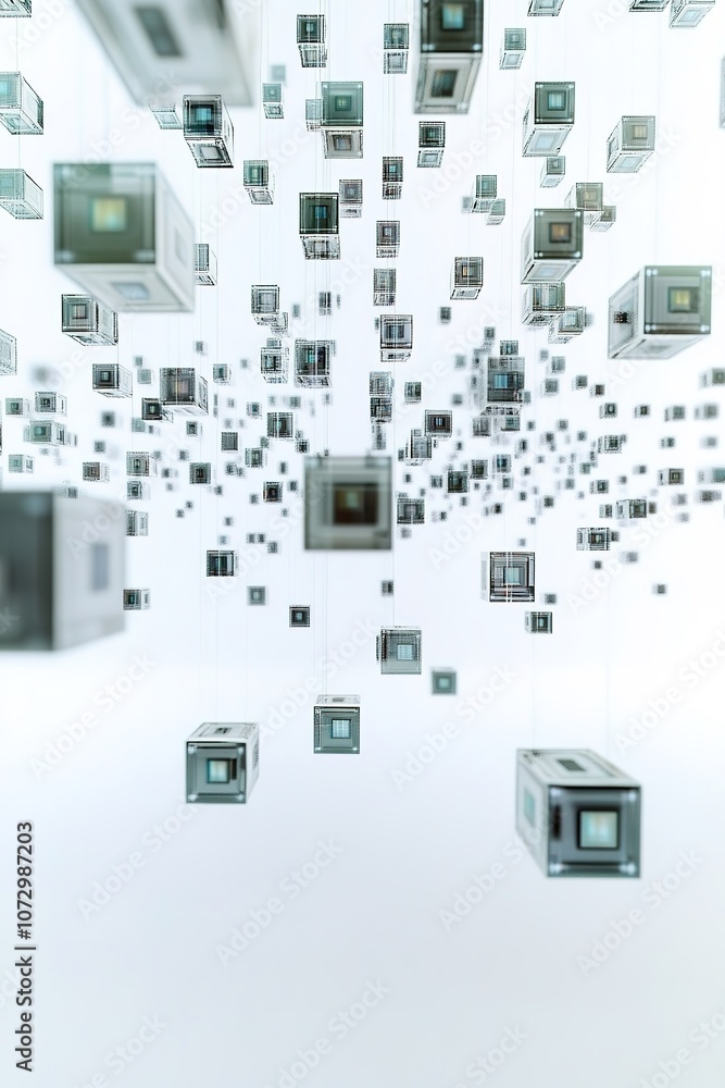 Poster Floating cubes in white digital space with depth of field effect