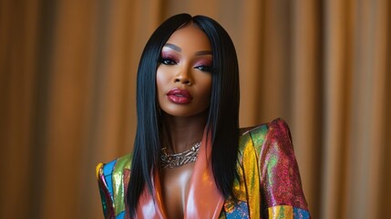 A woman with long black hair and a colorful outfit