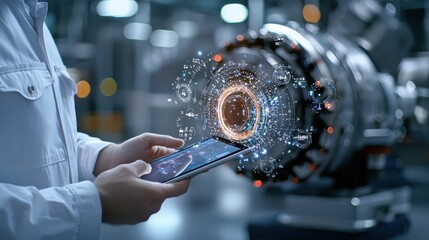 An engineer holding a tablet and inspecting industrial equipment, showcasing technology integration in modern industry.