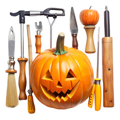 A collection of carved pumpkins and tools for Halloween decoration