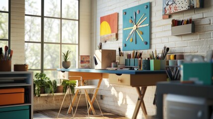 A bright and airy studio workspace with a wooden desk, a white brick wall, and an abundance of art supplies.