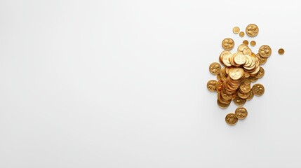 High-angle view of a small, stacked pile of gold coins against a sleek, white background.