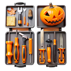 A collection of carved pumpkins and tools for Halloween decoration