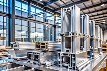 Fototapeta premium High-Quality Aluminium Profiles for Windows and Doors Manufacturing in a Modern Factory Setting Featuring Structural Metal Shapes and Textures for Construction Projects