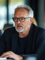 Senior executive in a brainstorming session with a creative team collaborating on strategic ideas in a stylish open-plan office Stock Photo with side copy space
