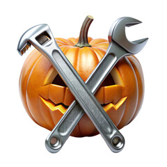 A collection of carved pumpkins and tools for Halloween decoration