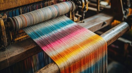 A close-up of a colorful loom. This image is great for representing the process of weaving and the creation of fabric.