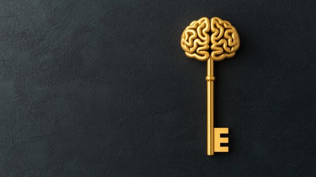 A golden key shaped like a brain symbolizes knowledge and unlocking potential, set against a dark textured background.