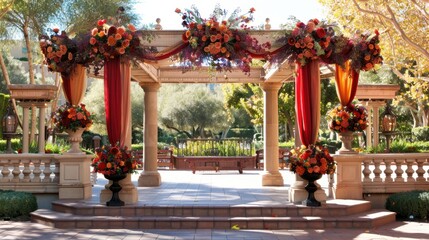 Ceremony Arch: A stunning decorative arch at the altar, featuring flowers and fabric, serving as a picturesque focal point during the wedding ceremony.
