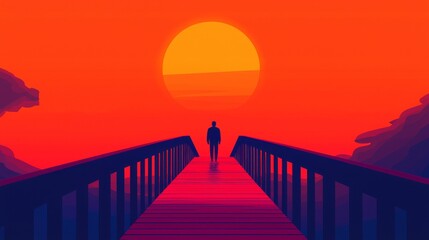 Fototapeta premium A solitary figure walks along a vibrant pier at sunset, surrounded by vivid colors that evoke tranquility and reflection.