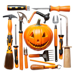 A collection of carved pumpkins and tools for Halloween decoration