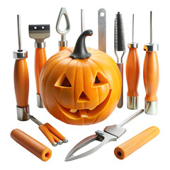 A collection of carved pumpkins and tools for Halloween decoration