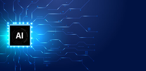 Abstract futuristic circuit board with Artificial intelligence logo. Quantum computer technology blue background.