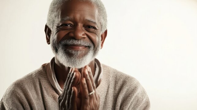 Smiling Senior Man Clapping Against White Background