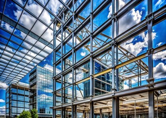 Juxtaposition of Steel Structures and Reflective Glass in Urban Architecture: A Conceptual Photography Representation of Modern Industrial Design Under Construction