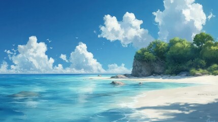 A serene, tropical beach scene with white sand, clear blue water, and lush green foliage on a cliff.