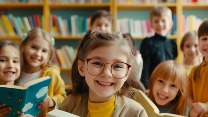 Fototapeta premium Smiling Girl with Glasses Holding Book in Library Surrounded by Friends and Books, Concept of Childhood Literacy and Curiosity