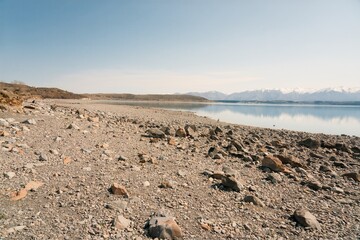 Rough Rocky Shoreline of Lake Pukaki in New Zealand