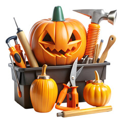 A collection of carved pumpkins and tools for Halloween decoration