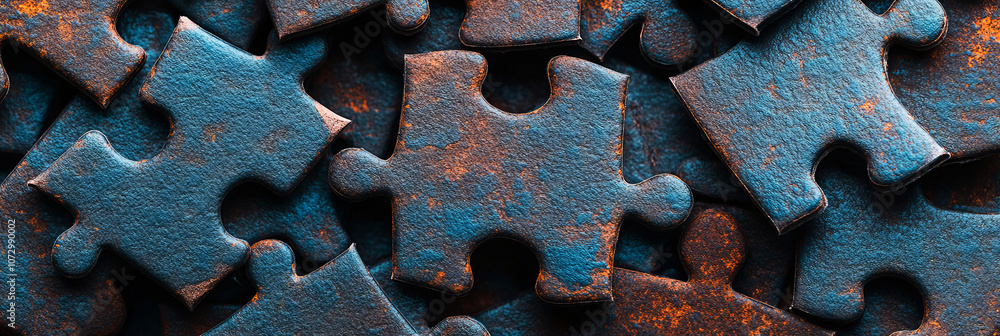 Poster close-up view of blue and rusty puzzle pieces spread on a surface, illustrating complexity and conne