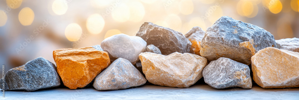 Poster natural stones in various colors with soft focus background of warm tones creating an inviting and c