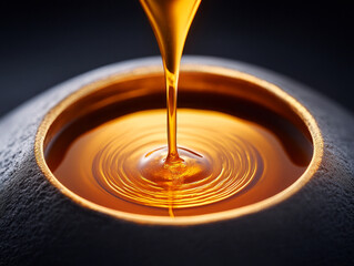 Golden Liquid Flowing Gently into a Smooth Circular Bowl Creating Elegant Ripples of Honey or Syrup in a Dark and Intimate Setting