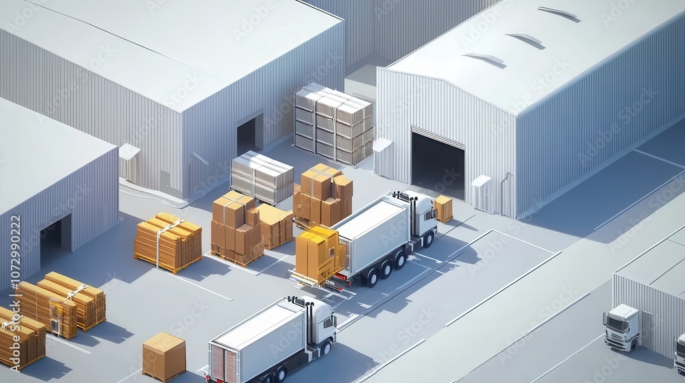 Poster cross-docking facility with trucks loading and unloading cargo