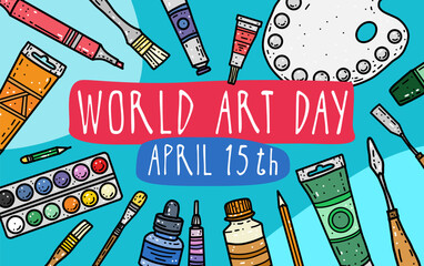 Vector illustration doodle World Art Day background April 15. Template for design, website, banner, postcard, poster, sale