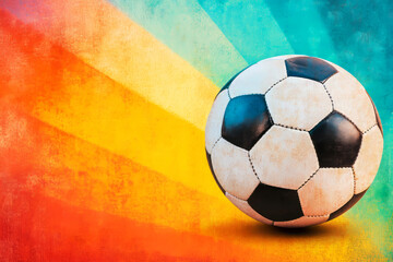 Obraz premium Colorful Soccer Ball Against Vibrant Background with Radiant Stripes in Orange, Yellow, and Teal Perfect for Sports Events, Teams, and Youth Activities