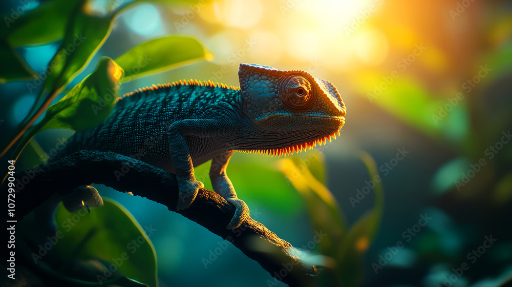 Poster close-up of a chameleon on a branch surrounded by lush greenery with soft sunlight creating a dreamy