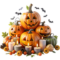 A collection of carved pumpkins and tools for Halloween decoration