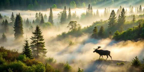 Majestic Moose in a Foggy Forest: Captivating Drone Photography Showcasing Nature's Beauty in the Misty Wilderness