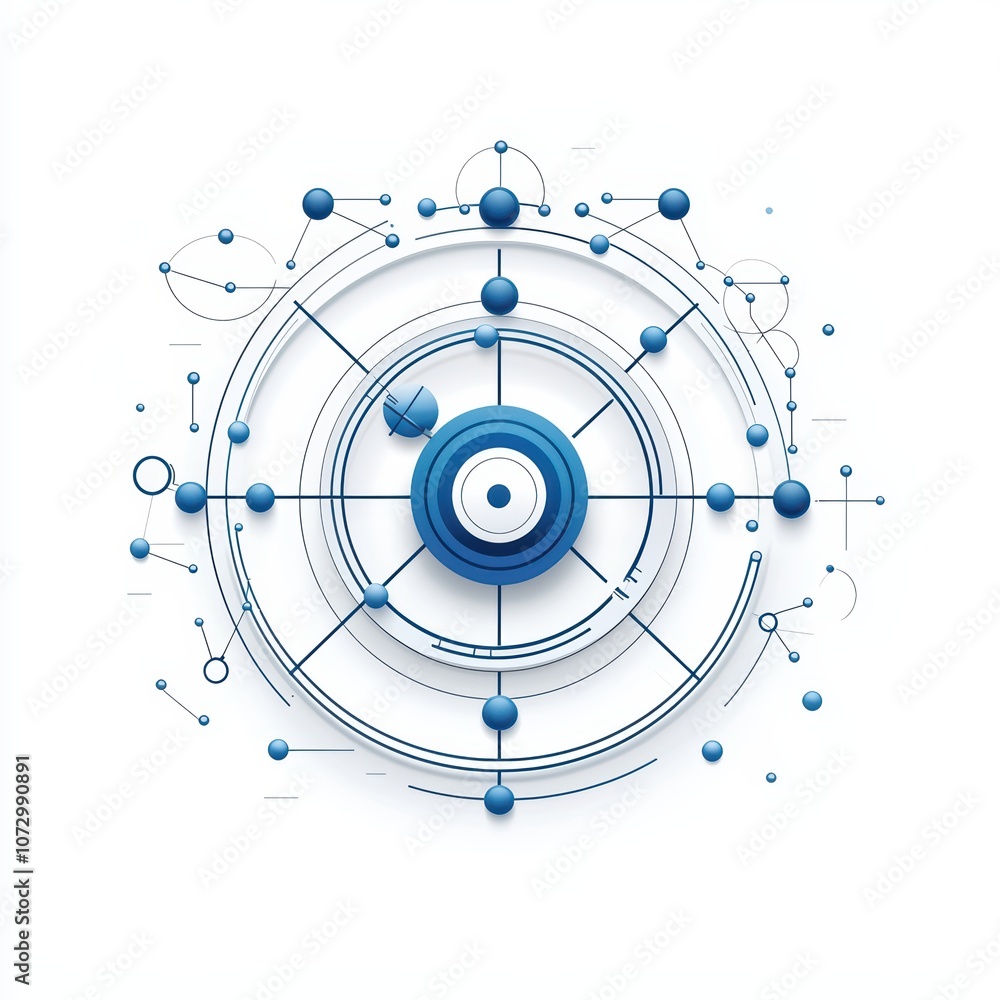 Poster abstract blue motion graphics design with circles and nodes on a white background.