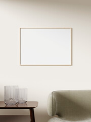 Empty framed canvas for mockups and art illustrations on interior background