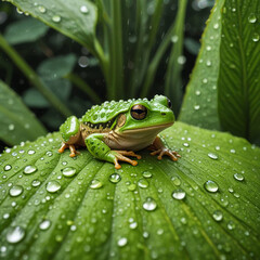 Obraz premium Frog on Dewy Leaf