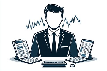 Businessman analyzing data in a modern workspace, isolated on a white background.