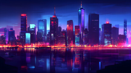 A vibrant, stylized illustration of a cityscape at night, with tall buildings and neon lights reflecting in the water.