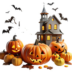 A collection of carved pumpkins and tools for Halloween decoration