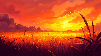 Fototapeta premium A vibrant sunset casts an orange glow over a field of tall grass.