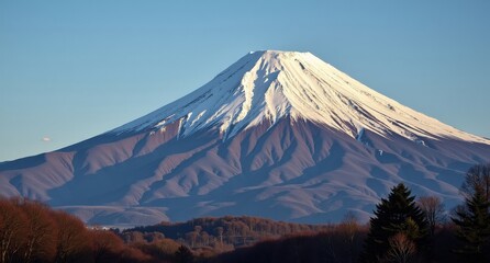 Fototapeta premium Mount Fuji, Japan, symmetrical snow-capped peak rising above forested landscapes, capturing the iconic beauty and cultural significance of Japan’s tallest mountain.