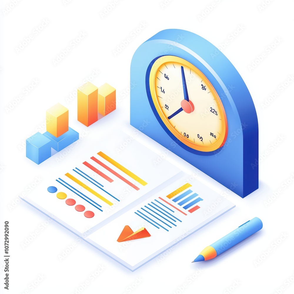 Poster colorful clock and reports showcasing time management diagrams and data analysis.