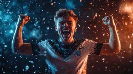 Successful eSports gamer joyfully celebrates victory in online cyber championship tournament with a front view portrait shot