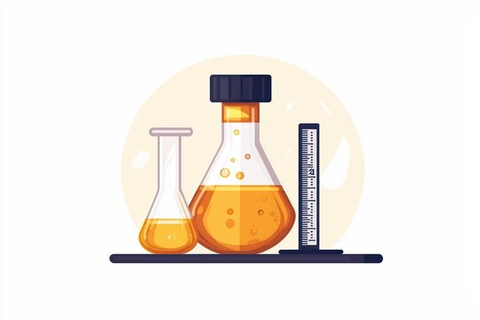 Colorful laboratory glassware with liquids, isolated on a white background.
