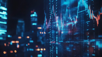 Digital Trading: High-tech digital display, with intricate data projections of financial markets, highlighting a dynamic and technologically advanced world of finance.